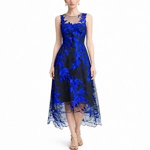 Teri Jon NWT Blue Embroidered Midi Dress Size 6 Formal Evening Mesh Overlay